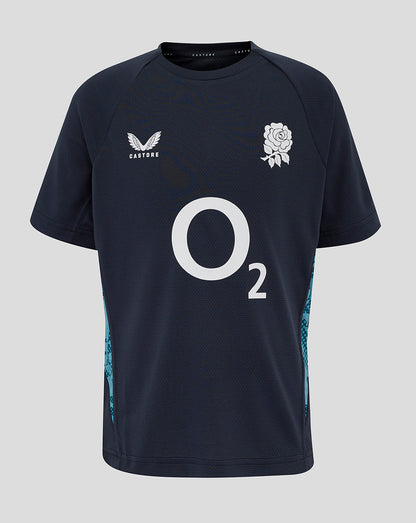 Junior navy England Rugby Performance Short Sleeve T shirt with O2 logo center, rose crest on left chest and teal side panels