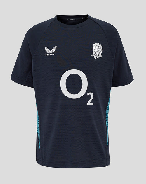Junior navy England Rugby Performance Short Sleeve T shirt with O2 logo center, rose crest on left chest and teal side panels
