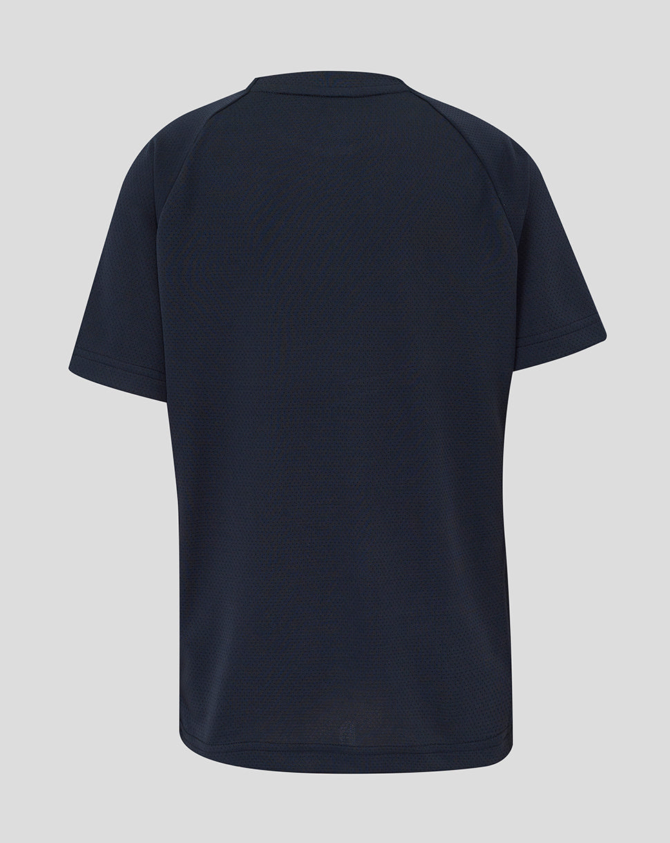 Back view of navy junior England Rugby performance T shirt with drop back hem and textured fabric