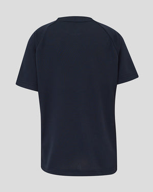 Back view of navy junior England Rugby performance T shirt with drop back hem and textured fabric