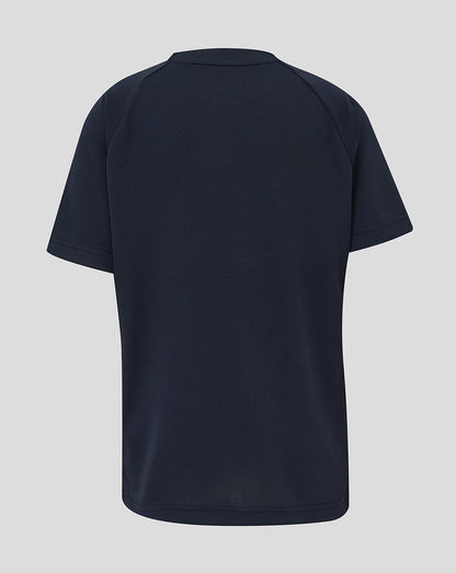 Back view of navy junior England Rugby performance T shirt with drop back hem and textured fabric