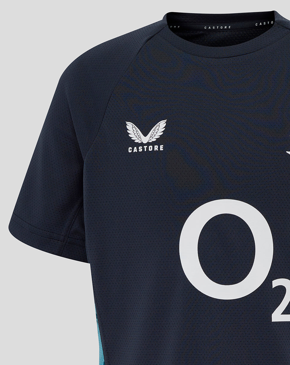 Close up of navy England Rugby shirt showing large O2 logo on front rose crest left chest and Castore branding at neckline with teal side panel
