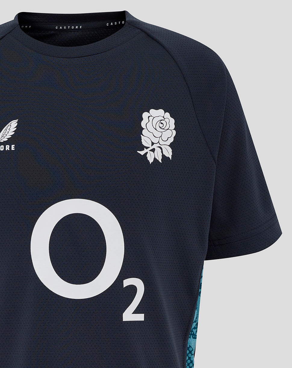 Front view of navy junior England Rugby shirt with O2 center logo, rose crest left chest and Castore right chest with teal side panel