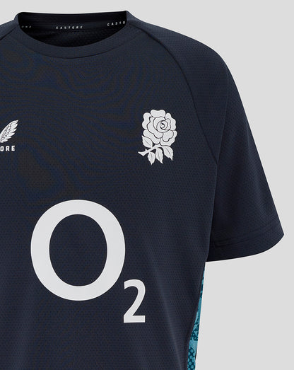 Front view of navy junior England Rugby shirt with O2 center logo, rose crest left chest and Castore right chest with teal side panel