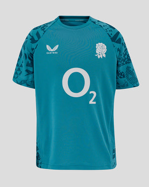 Back view of England Rugby Junior Performance Short Sleeve Tee in storm blue with turquoise side panel prints.