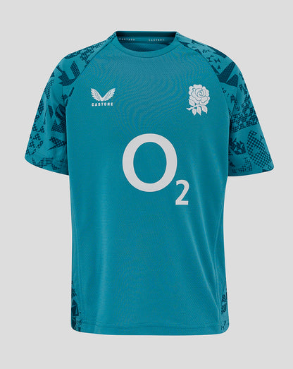 Back view of England Rugby Junior Performance Short Sleeve Tee in storm blue with turquoise side panel prints.