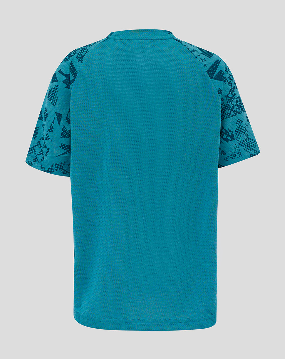 Front view of England Rugby Junior Performance Short Sleeve Tee in teal with O2 sponsor on center body and rose crest on chest.