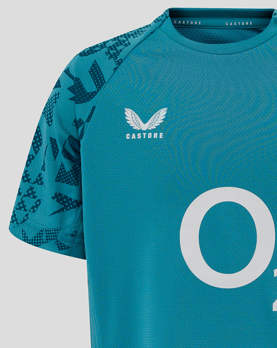 Storm blue England Rugby Junior tee chest close-up showing Castore branding and fabric texture