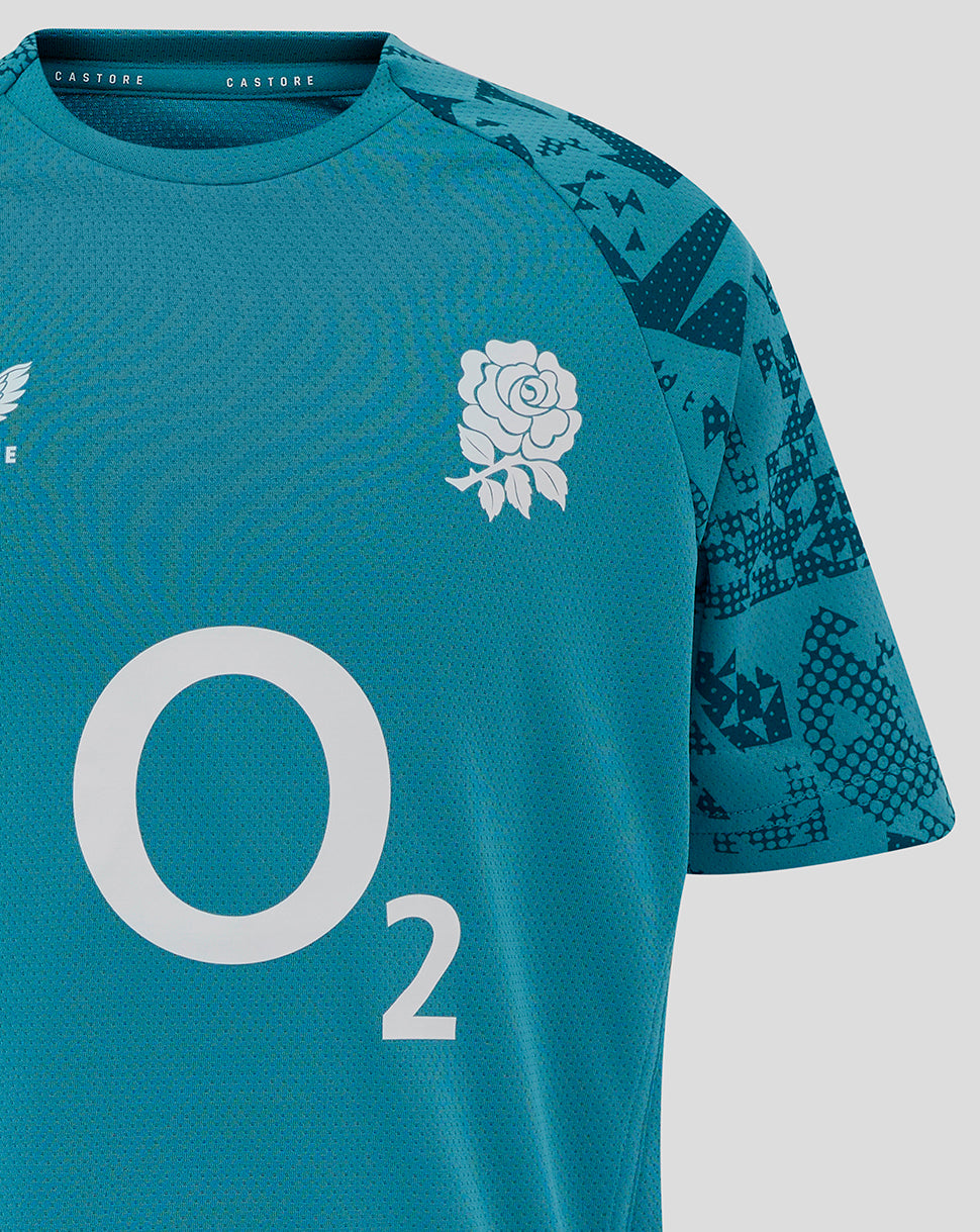 Storm blue England Rugby Junior Performance Short Sleeve Tee front with rose crest and large O2 logo