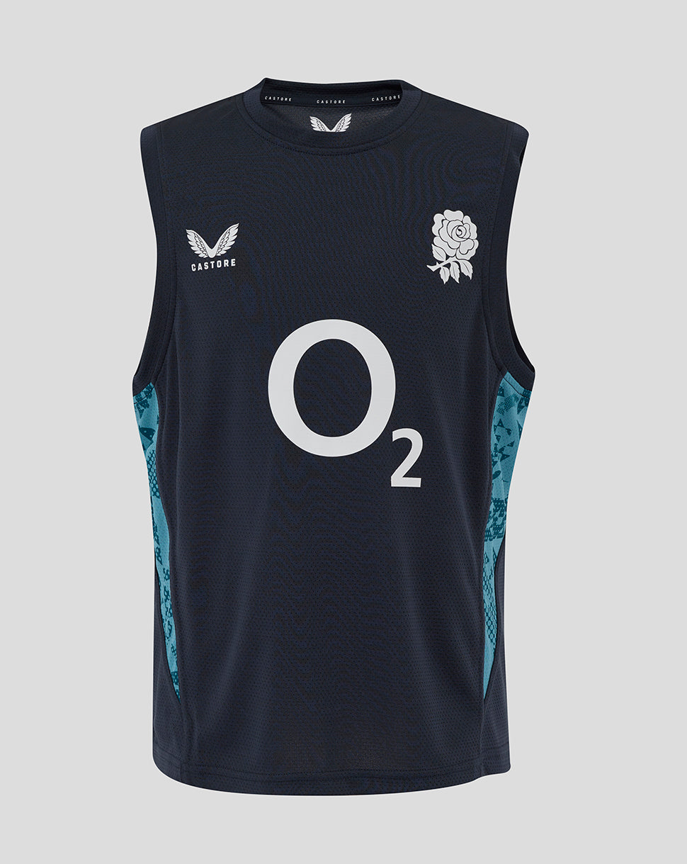 Front view of junior England Rugby sleeveless T shirt in inkwell navy with O2 center logo, rose crest left chest, Castore right chest and abstract side panels.