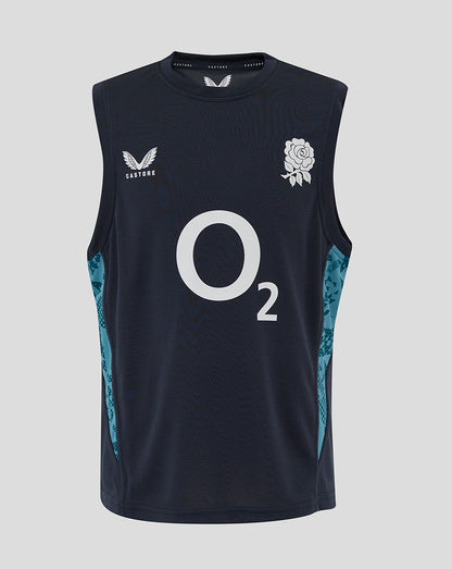 Front view of junior England Rugby sleeveless T shirt in inkwell navy with O2 center logo, rose crest left chest, Castore right chest and abstract side panels.