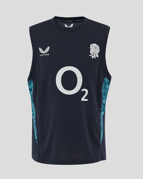 Front view of junior England Rugby sleeveless T shirt in inkwell navy with O2 center logo, rose crest left chest, Castore right chest and abstract side panels.