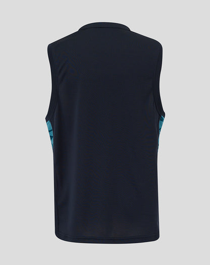 Back view of navy junior England Rugby sleeveless T shirt with turquoise side panels and a dropped back hem.