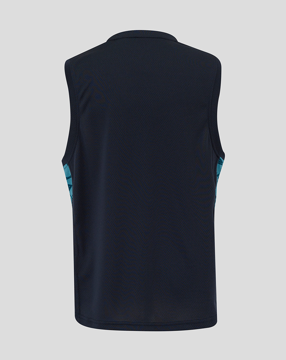Back view of Men’s England Rugby Performance Sleeveless T shirt in navy with teal side panels