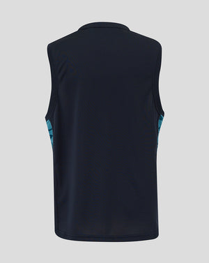 Back view of Men’s England Rugby Performance Sleeveless T shirt in navy with teal side panels