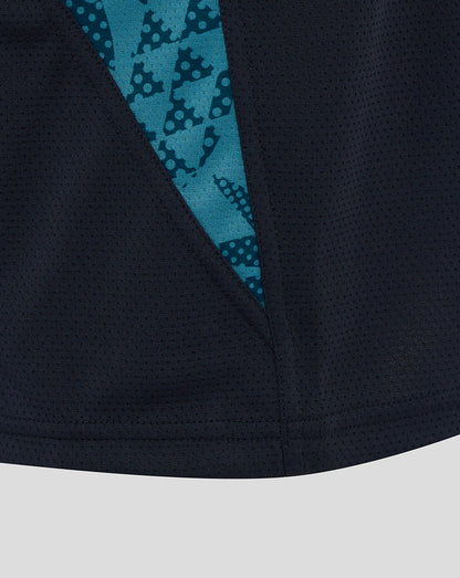 Close up of navy England Rugby sleeveless T shirt showing teal abstract side panel design