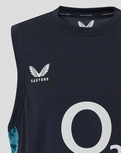 Close-up of front chest area showing large O2 sponsor logo center and Castore branding on the left chest of the navy England Rugby sleeveless T shirt.