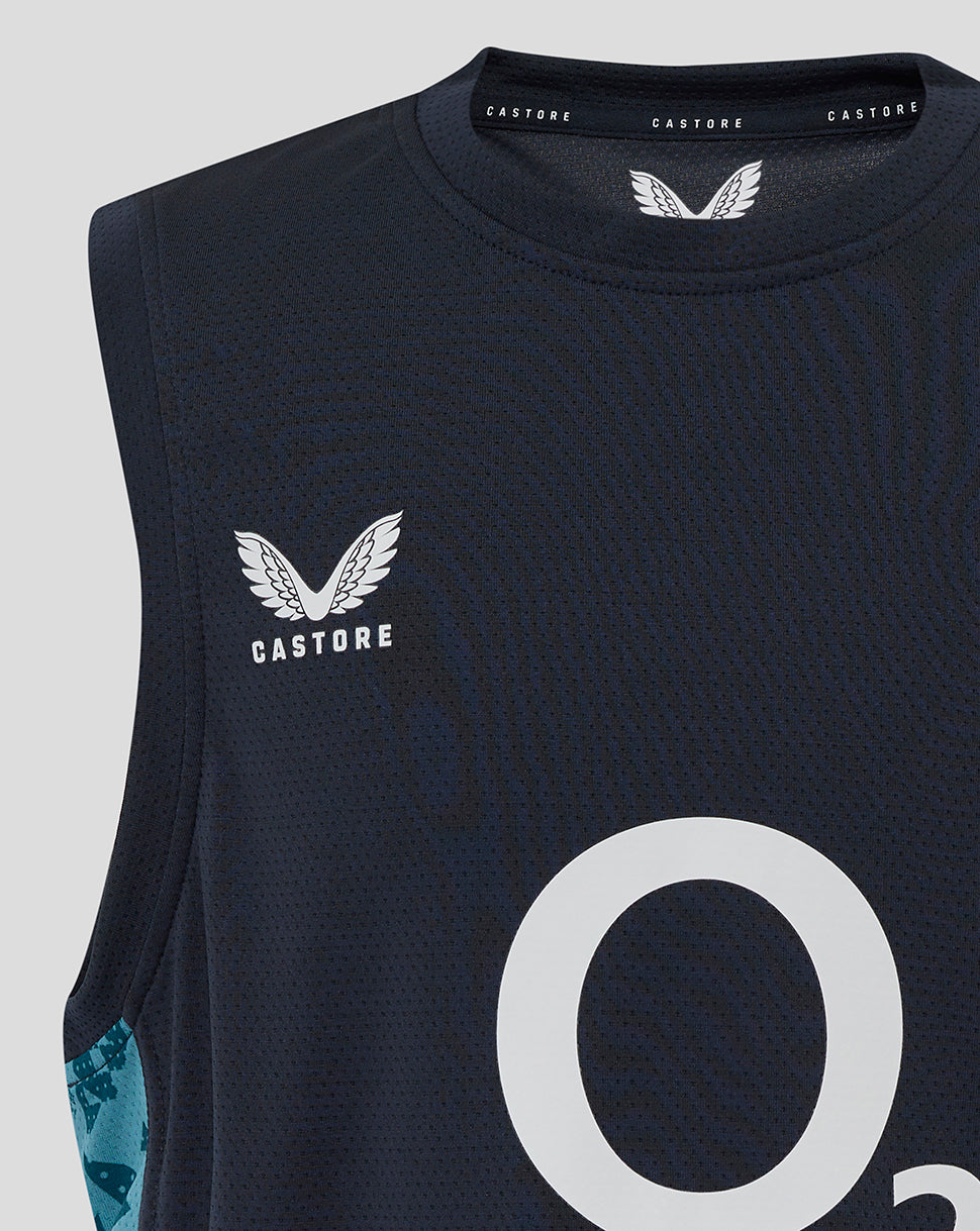 Close up of navy England Rugby sleeveless T shirt showing Castore branding at neck and rose crest on chest