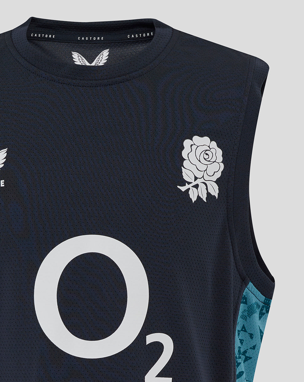 Front view of navy England Rugby sleeveless T shirt showing rose crest on left chest and large O2 logo center