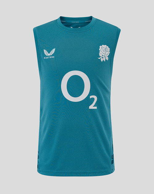Front view of the storm blue junior England Rugby sleeveless performance T-shirt with large O2 logo center and chest logos