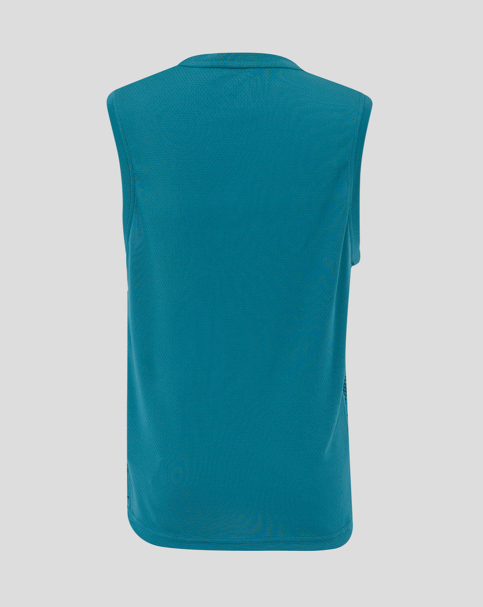 Back view of the storm blue junior England Rugby sleeveless training T-shirt with a plain smooth back
