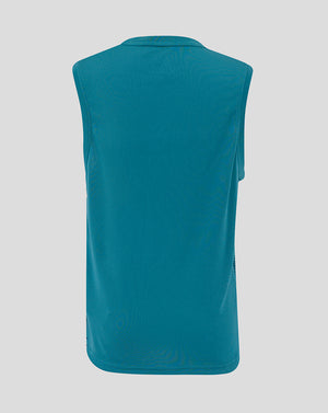 Back view of the storm blue junior England Rugby sleeveless training T-shirt with a plain smooth back