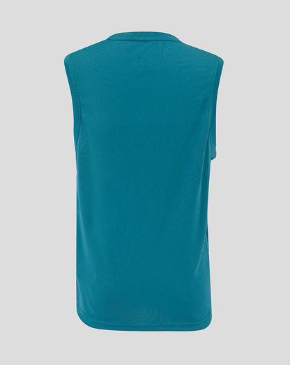 Back view of the storm blue junior England Rugby sleeveless training T-shirt with a plain smooth back