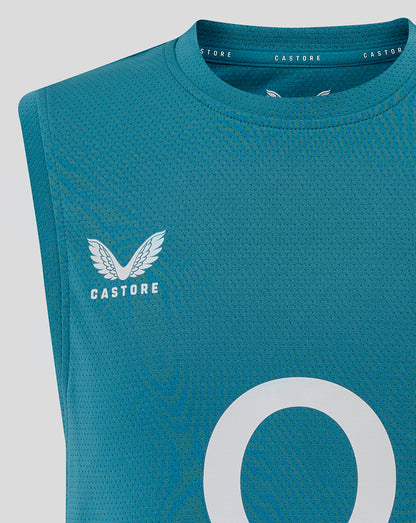 Close-up of storm blue junior England rugby sleeveless T-shirt showing Castore logo on the chest and a large white O graphic on the front