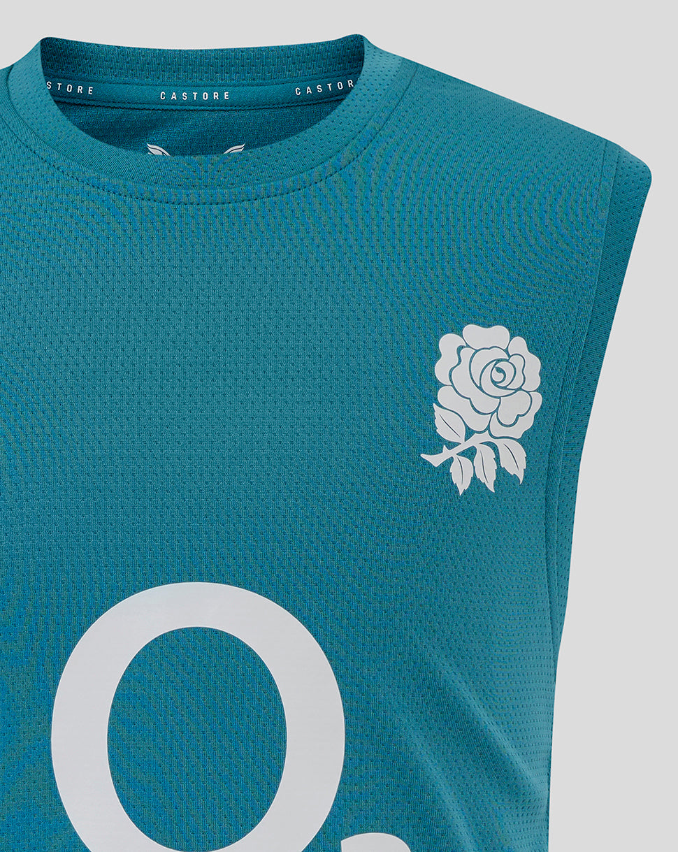 Close-up of storm blue junior England rugby sleeveless T-shirt with rose crest on the chest and a large white O graphic on the front