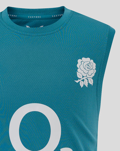 Close-up of storm blue junior England rugby sleeveless T-shirt with rose crest on the chest and a large white O graphic on the front