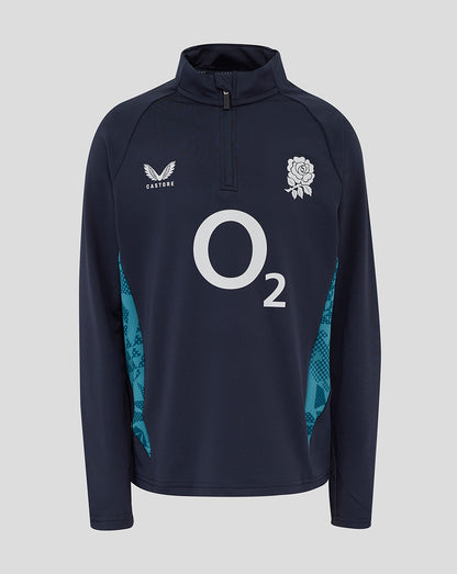 Junior England Performance Midlayer Top in navy with quarter zip collar, rose crest on left chest, O2 logo center and teal patterned side panels.