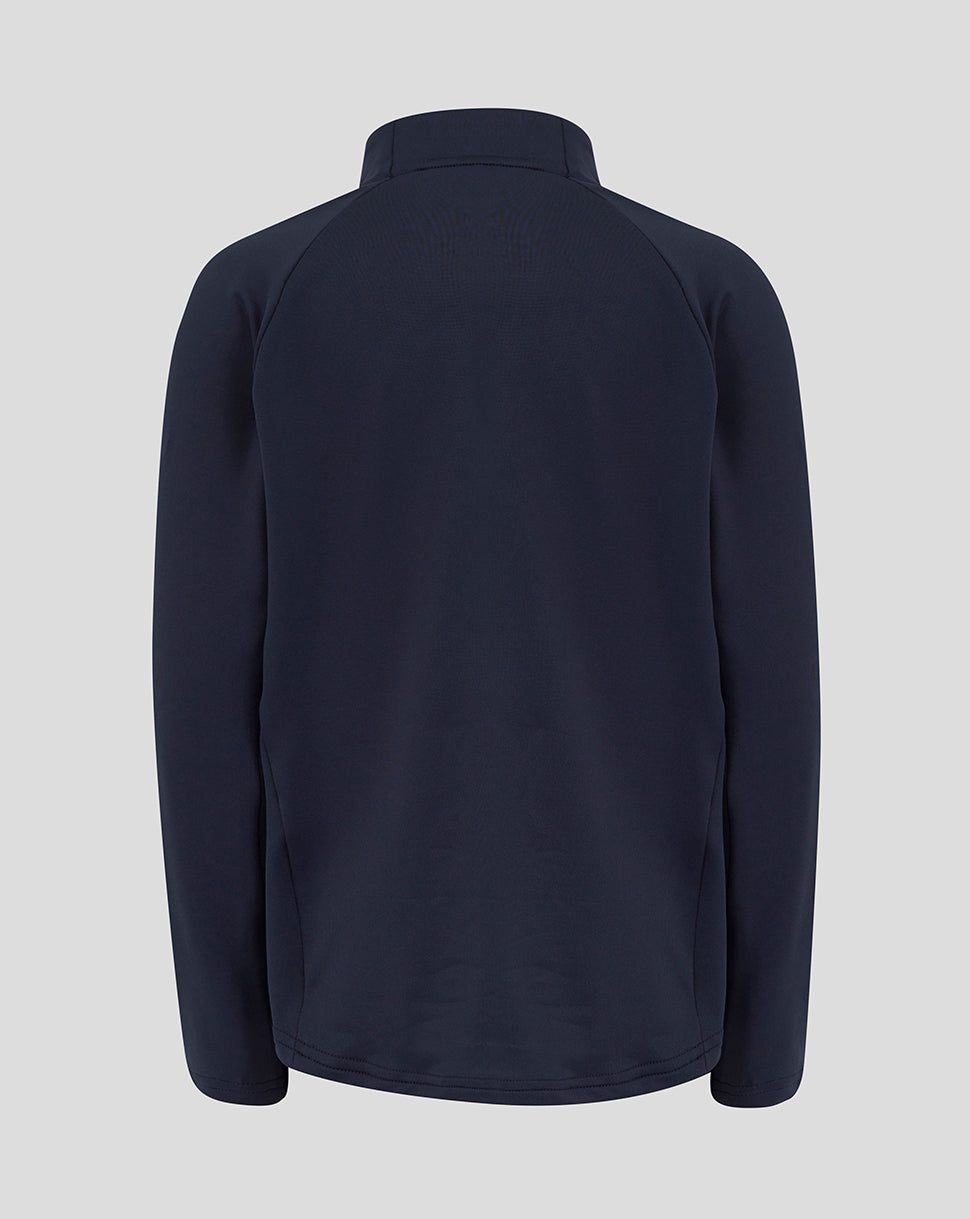 Back view of navy Junior England Rugby performance midlayer top with funnel neck and long sleeves.