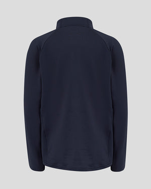Back view of navy Junior England Rugby performance midlayer top with funnel neck and long sleeves.