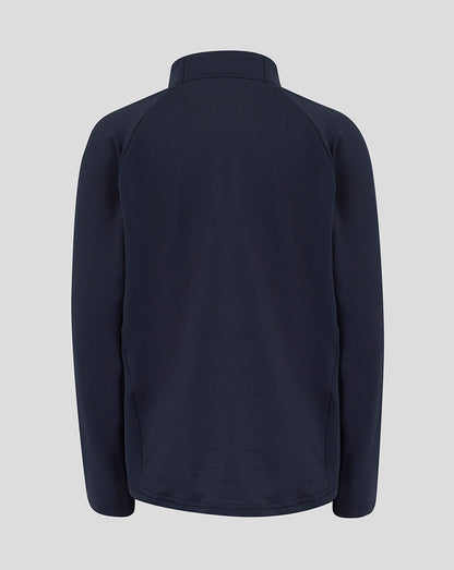 Back view of navy Junior England Rugby performance midlayer top with funnel neck and long sleeves.