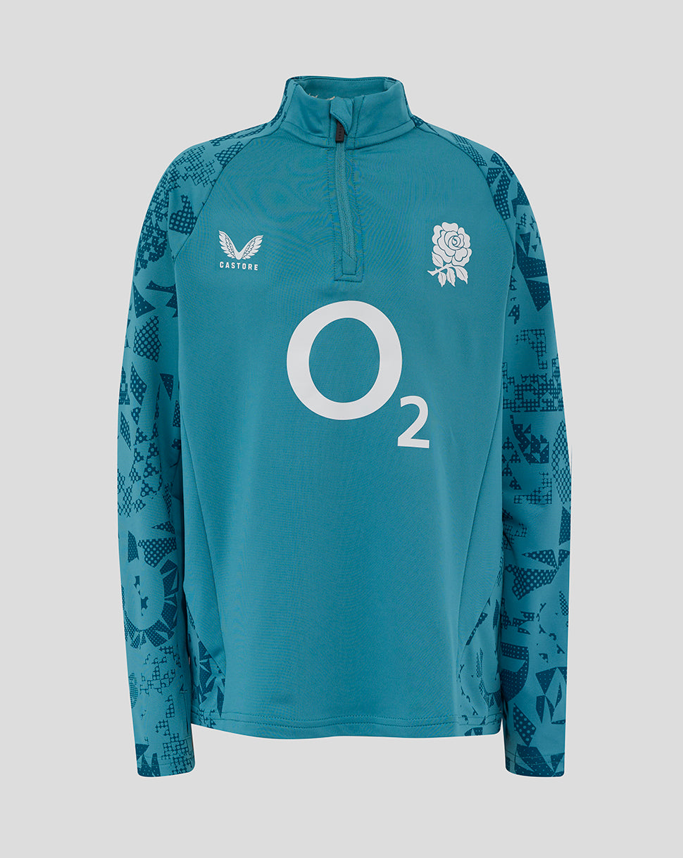 Front view of Junior England Performance Midlayer Top in storm blue with large O2 logo center and rose crest on left chest.