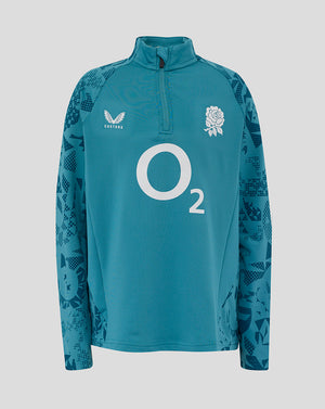 Front view of Junior England Performance Midlayer Top in storm blue with large O2 logo center and rose crest on left chest.