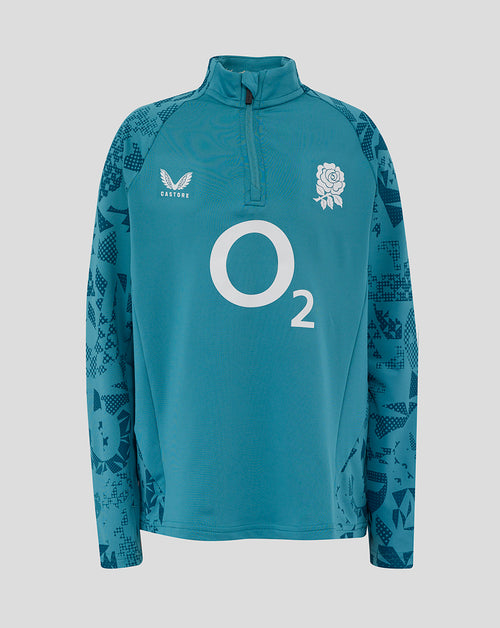 Front view of Junior England Performance Midlayer Top in storm blue with large O2 logo center and rose crest on left chest.