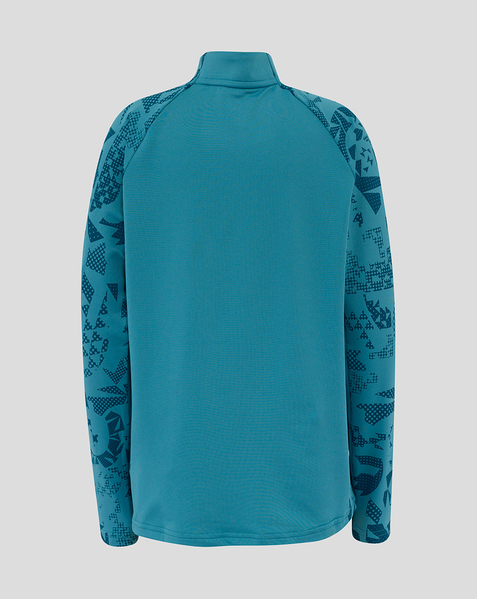 Back view of Junior England Performance Midlayer Top in storm blue with abstract sleeve print.
