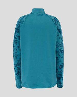Back view of Junior England Performance Midlayer Top in storm blue with abstract sleeve print.