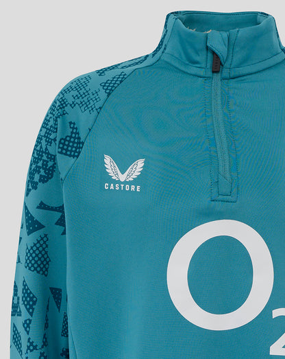 Front close up of Junior England Performance Midlayer Top showing Castore logo left chest O2 center branding and quarter zip neckline.