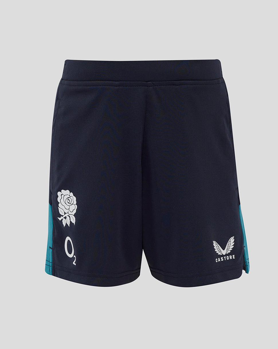 Back view of navy knit shorts with teal side panel