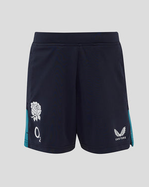 Back view of navy knit shorts with teal side panel