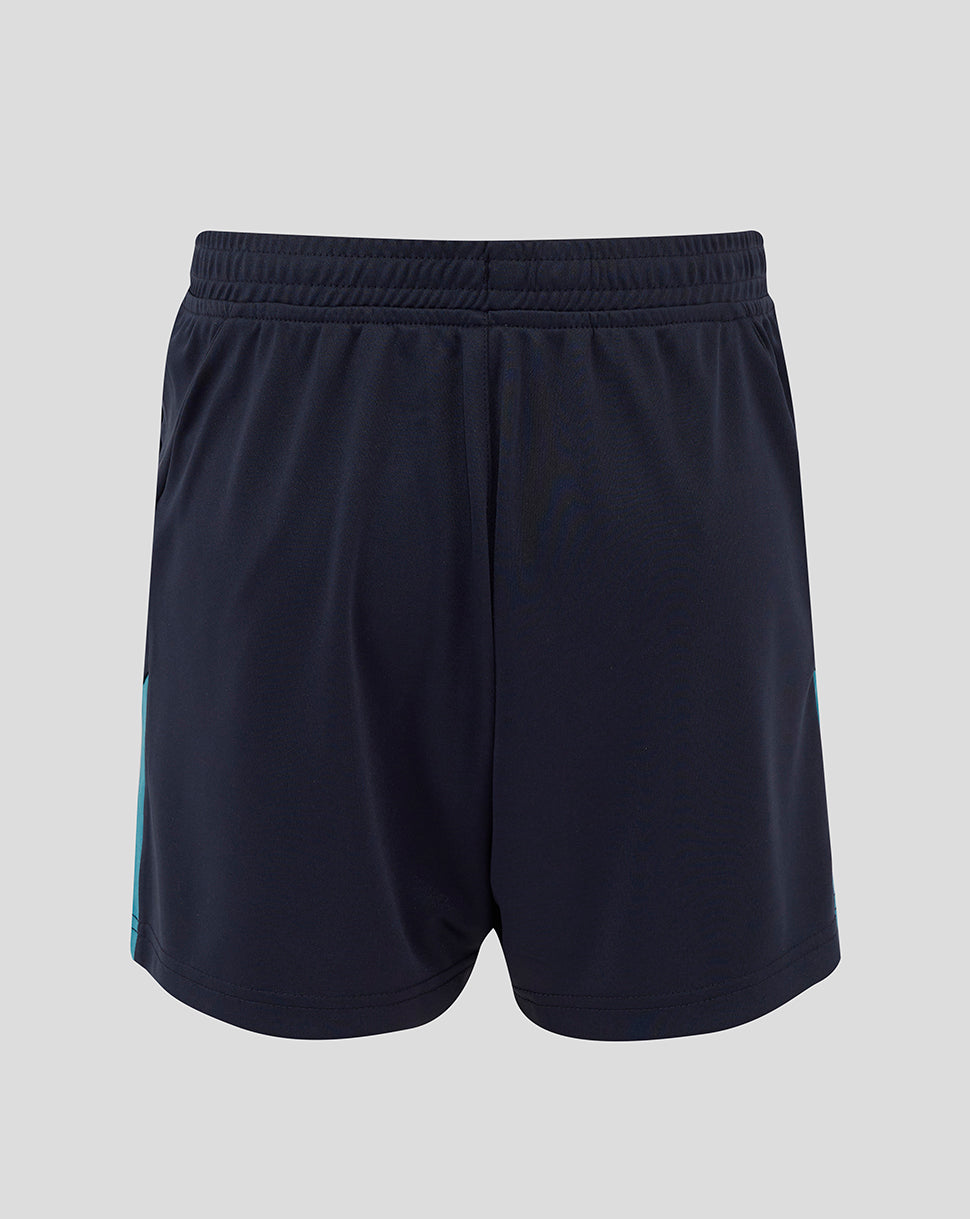 Back view of navy shorts with teal side panels and O2 and Castore logos