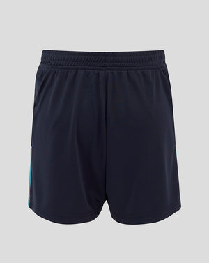 Back view of navy shorts with teal side panels and O2 and Castore logos