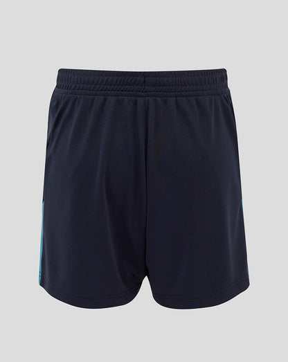Back view of navy shorts with teal side panels and O2 and Castore logos