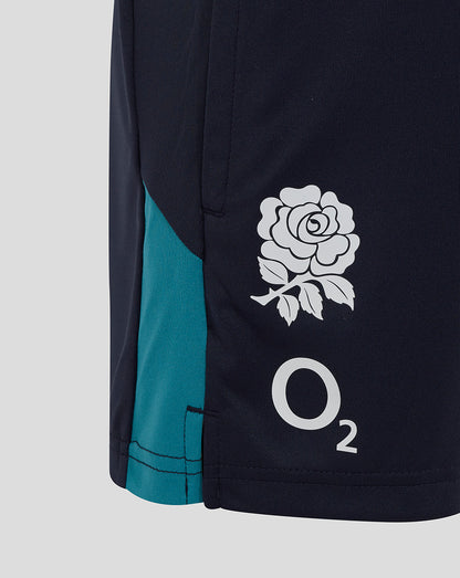 Navy shorts with teal side panel right thigh rose crest and O2 logo