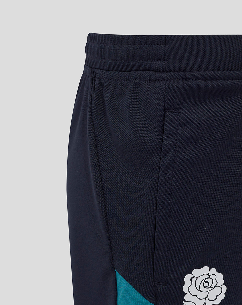 Close up of navy Junior England Rugby Performance Knit Shorts waistband with elastic and drawcords