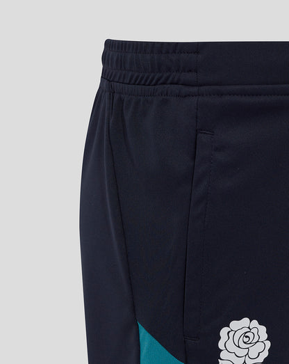 Close up of navy Junior England Rugby Performance Knit Shorts waistband with elastic and drawcords
