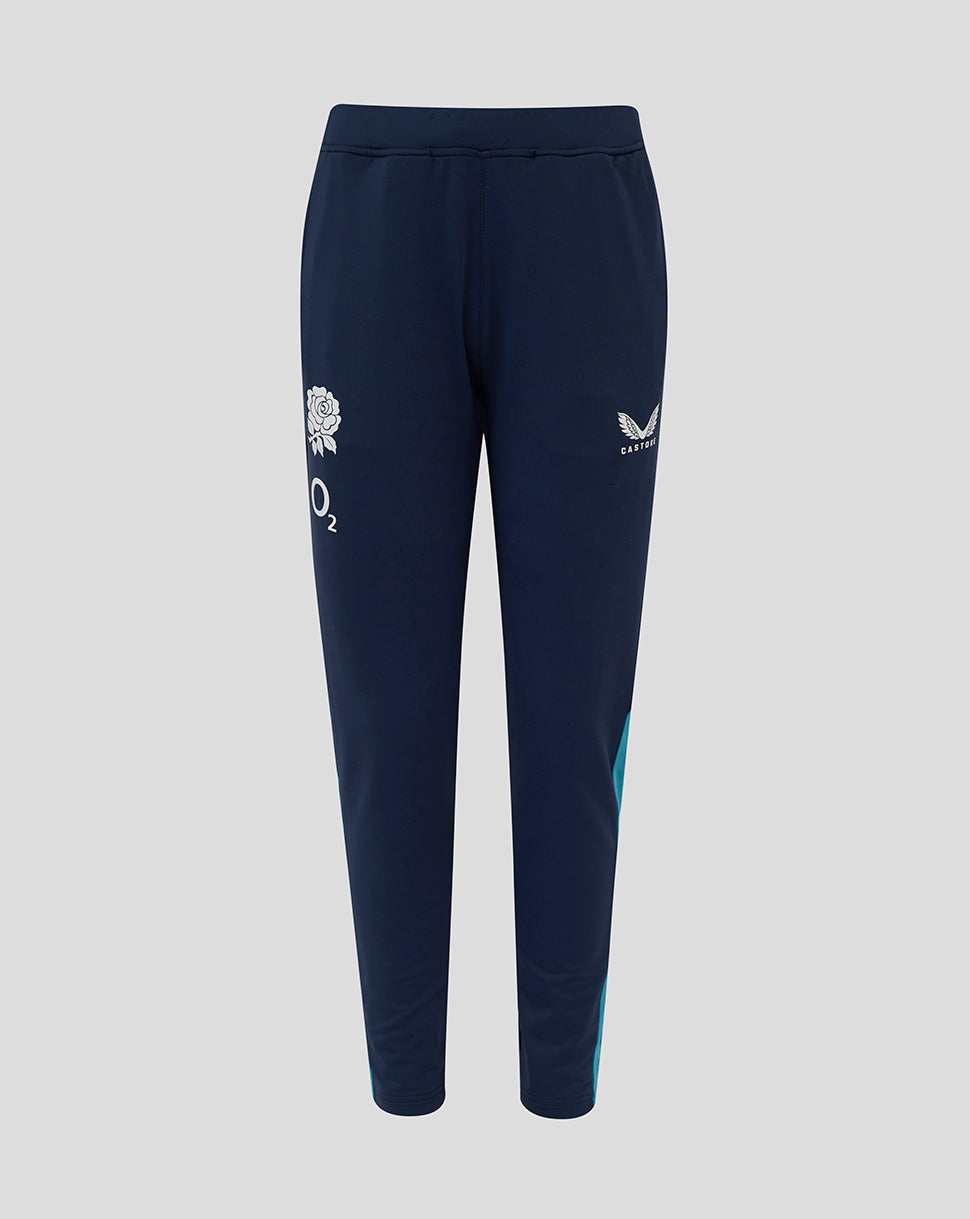 Front view of navy junior England rugby knit pants with rose crest and O2 logo on the right thigh and Castore on the left thigh