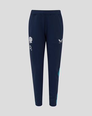 Front view of navy junior England rugby knit pants with rose crest and O2 logo on the right thigh and Castore on the left thigh